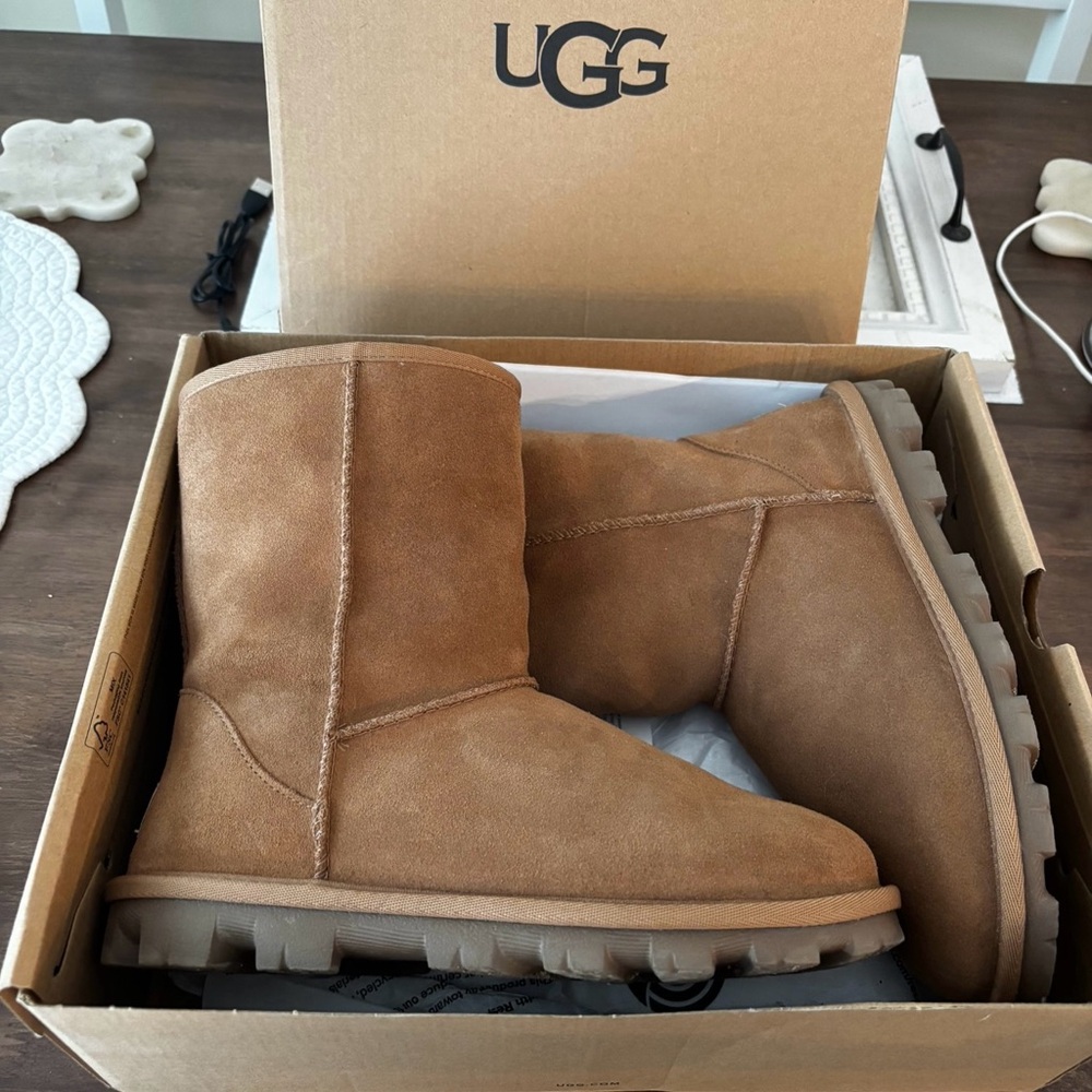 UGG Tan Ankle Boots with Suede Finish and Slip-On Design